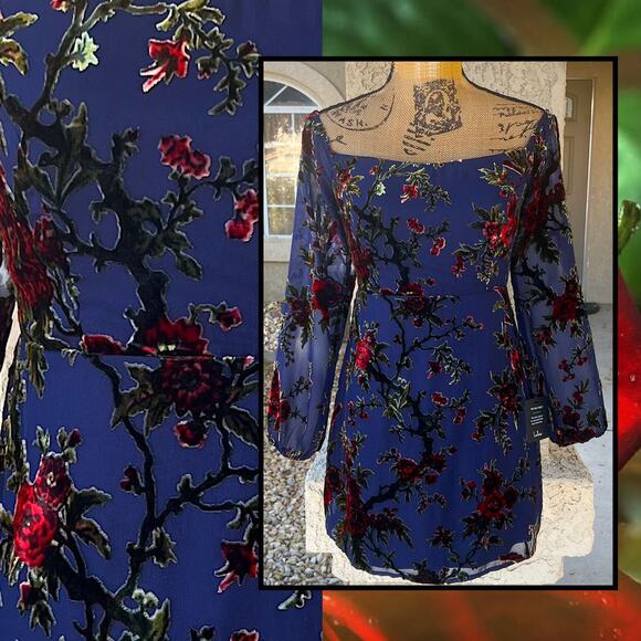 Lulus Magnificent Charm Navy Floral Burnout Velvet Off-the-Shoulder Dress Siz L - Picture 3 of 12